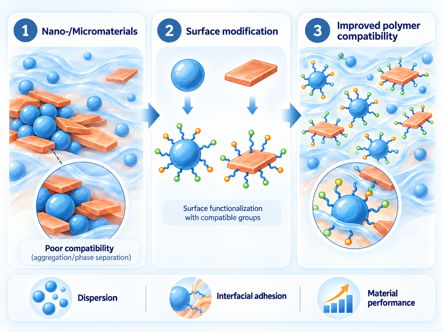 Modified nano- and micromaterials for polymer compatibility