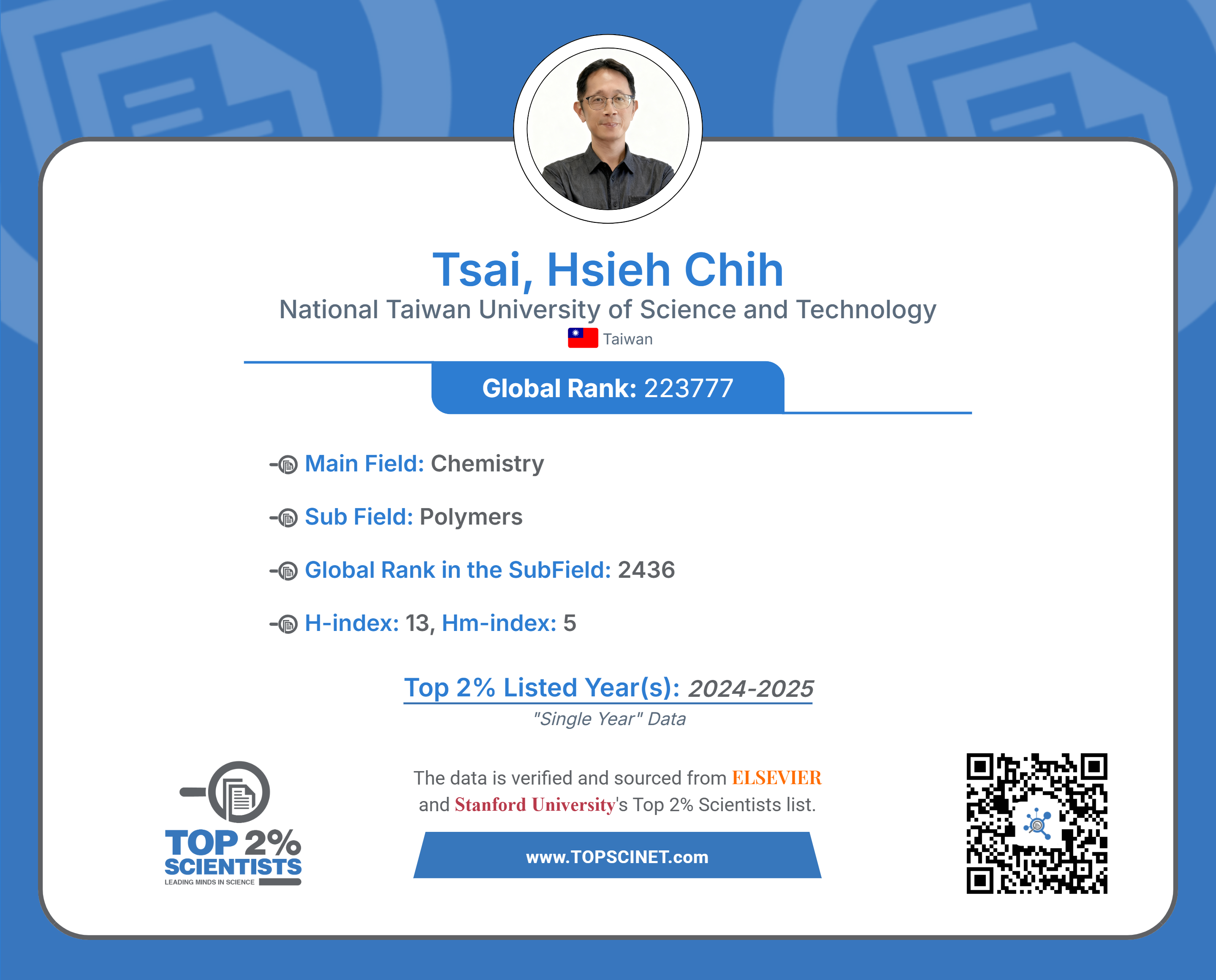 TopSciNet scientist profile for Prof. Hsieh-Chih Tsai 蔡協致教授